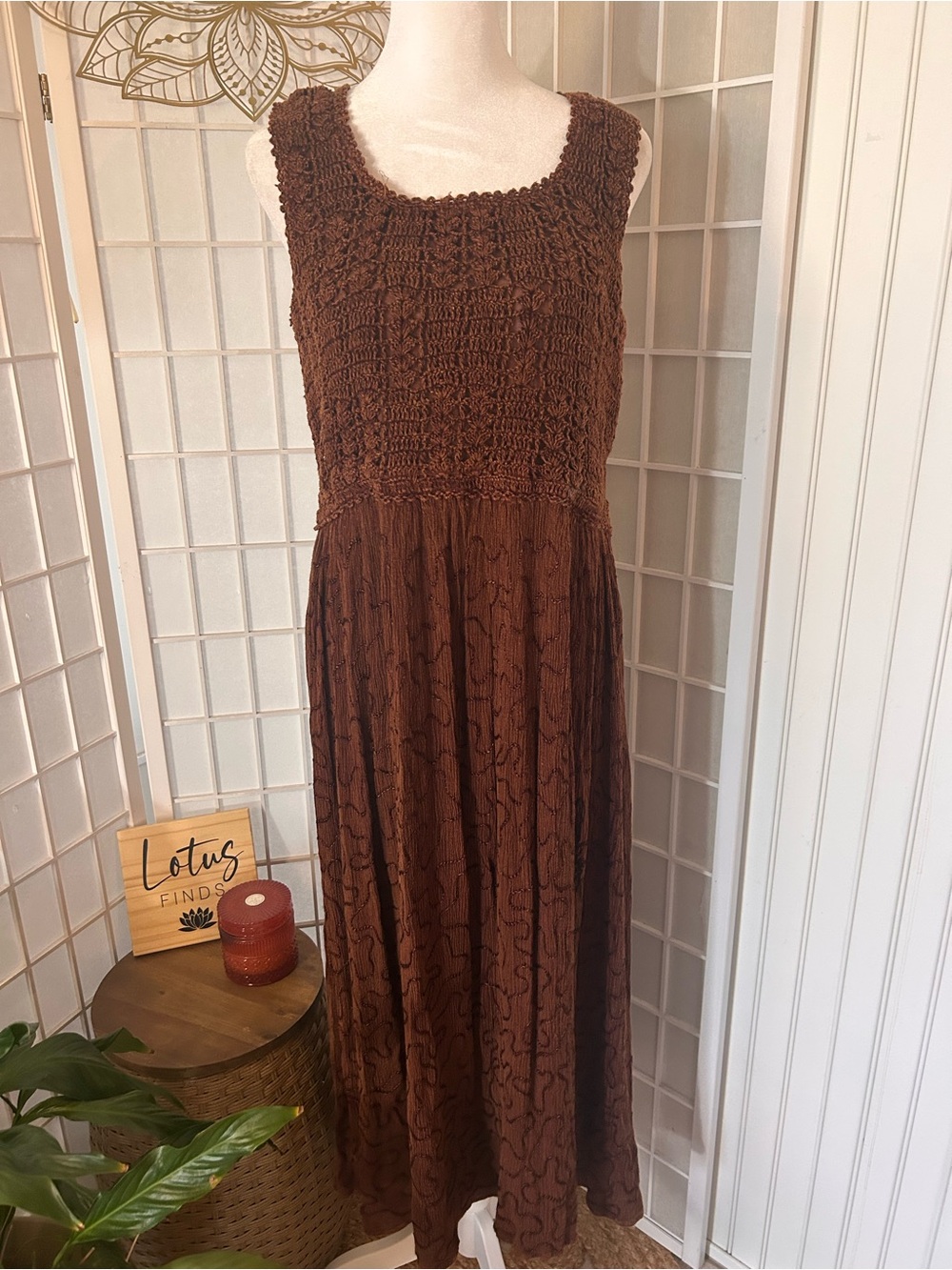 MPH Brown Boho Crochet-Knit Embroidered Rayon Maxi Dress Medium